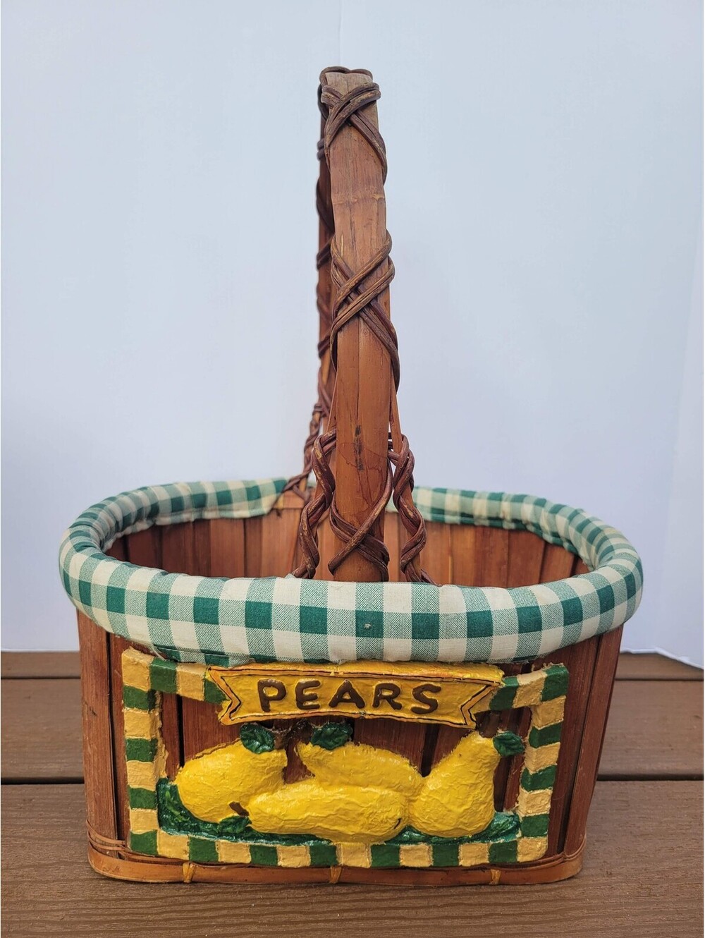 Rustic Wood Wicker Basket w/ Handle Green Gingham Pear Plaque on Front Primitive